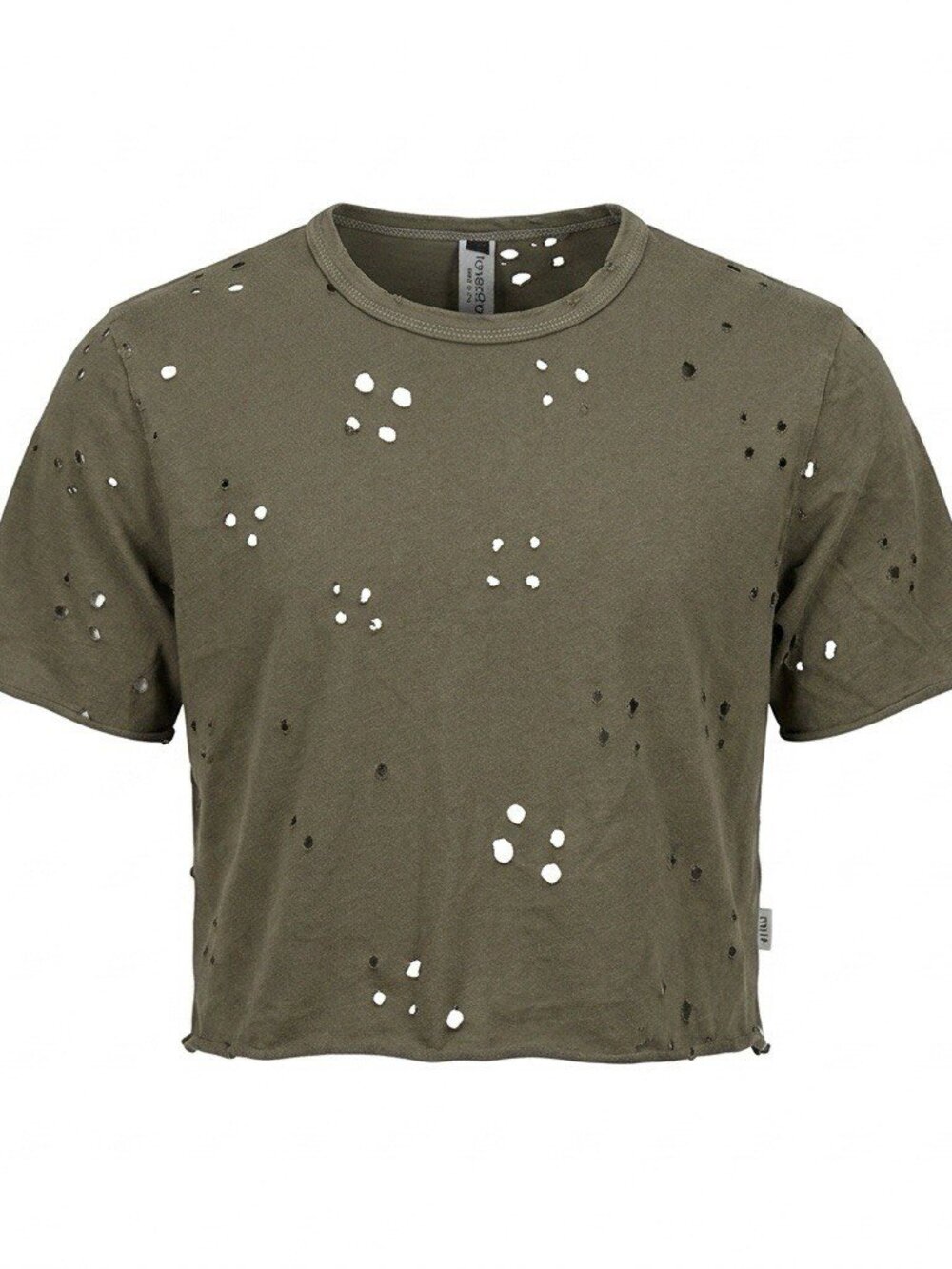 Marek+Richard Mens Distressed Crop Top T-Shirt Army Green Olive Holes Size S